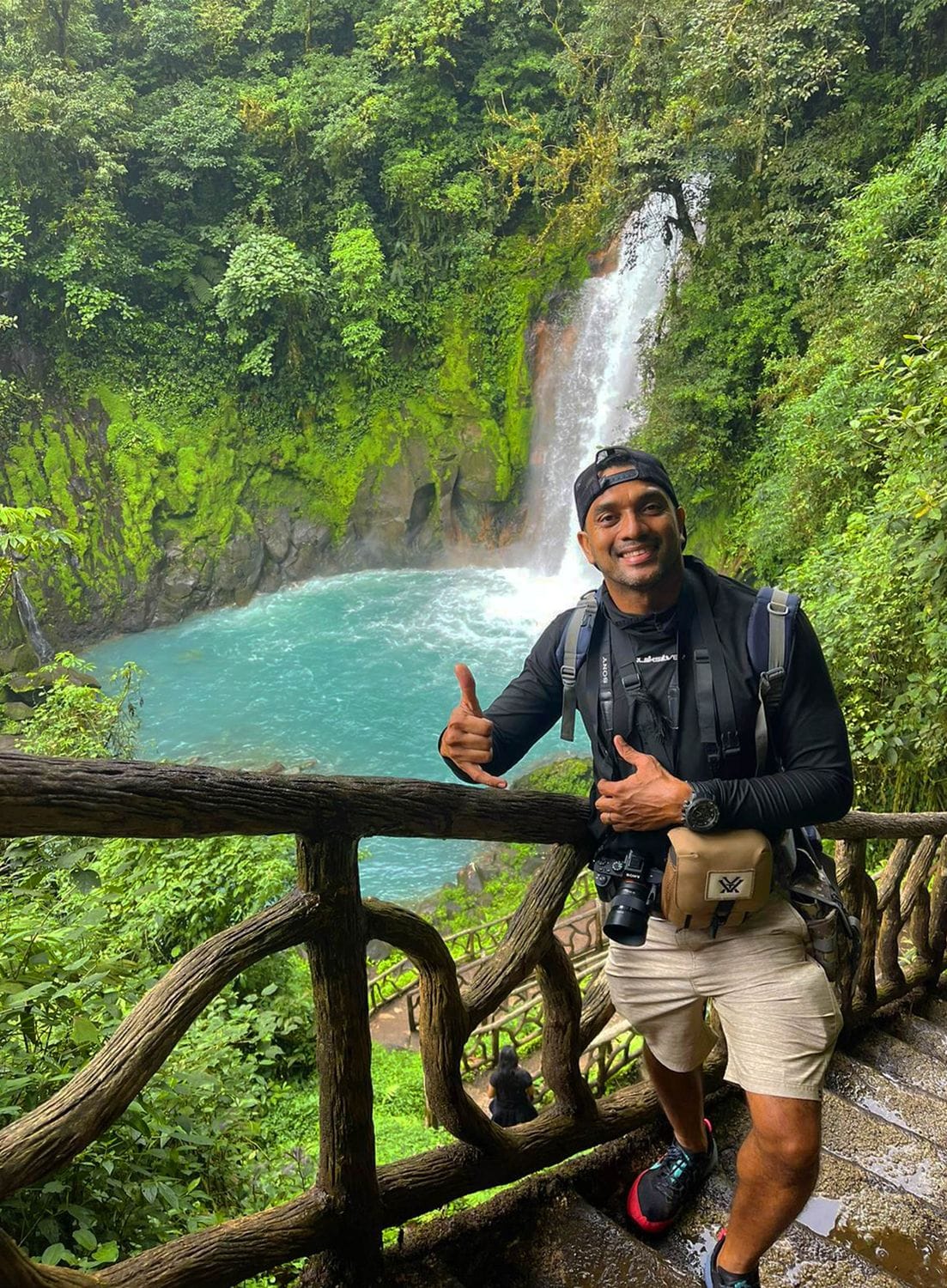 Birding guide at the Río Celeste waterfall on a rainforest birding tour at Tenorio, Costa Rica