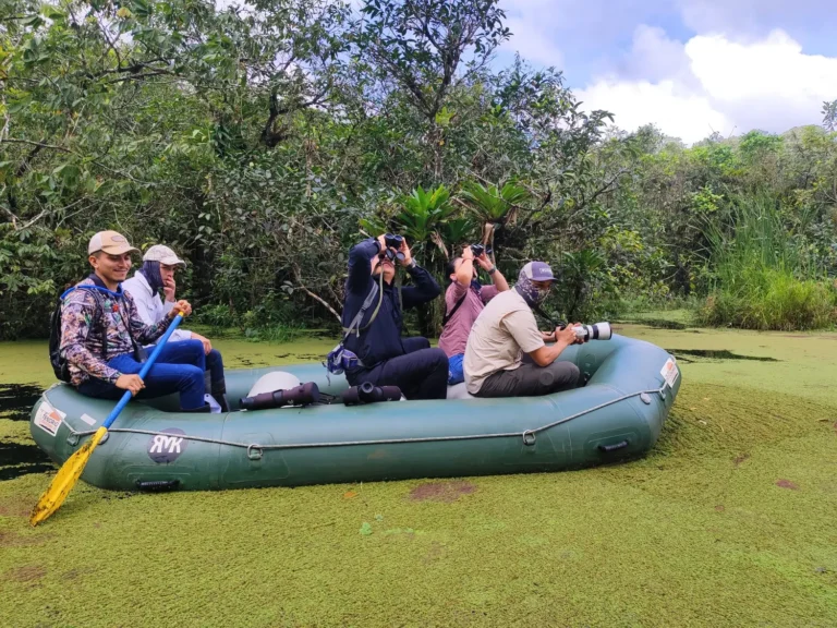 Birdwatchers scanning the rainforest with binoculars from a raft during a Tenorio lagoon float tour