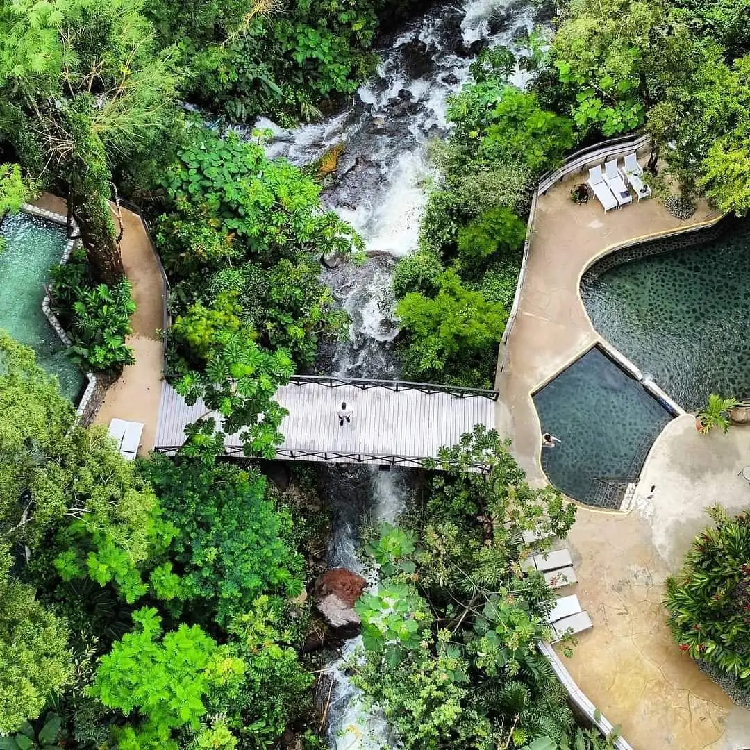 Aerial view of hot spring pools by the river at Buena Vista, Rincón de la Vieja, Costa Rica