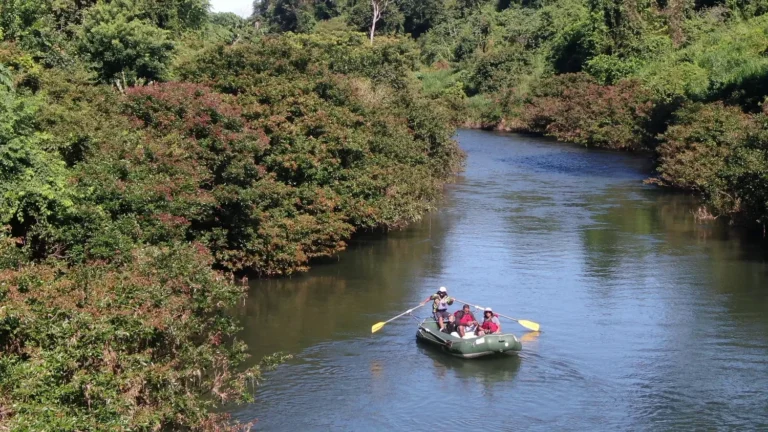 Scenic view of the Corobici River with a raft on a float tour, Costa Rica