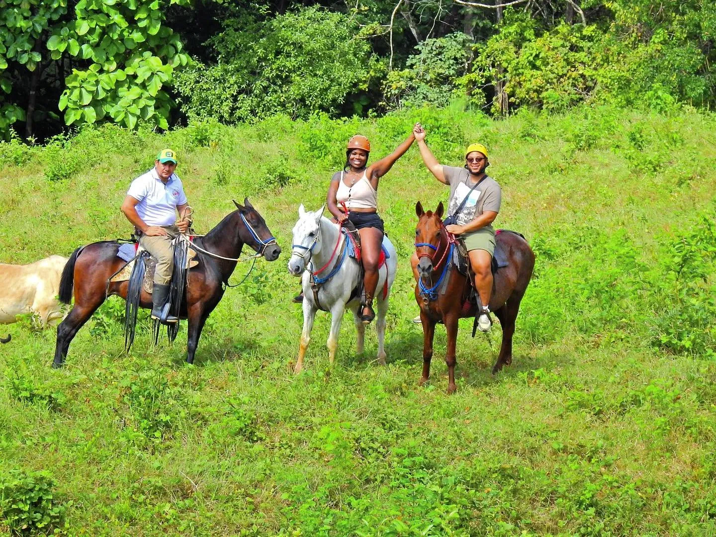 Happy riders on horseback in a green field on a family tour at Congo Trail, Guanacaste