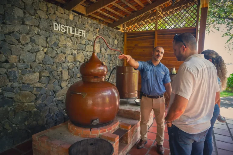 Guide explaining the copper still to visitors at the distillery, Hacienda El Viejo rum tour, Guanacaste, Costa Rica