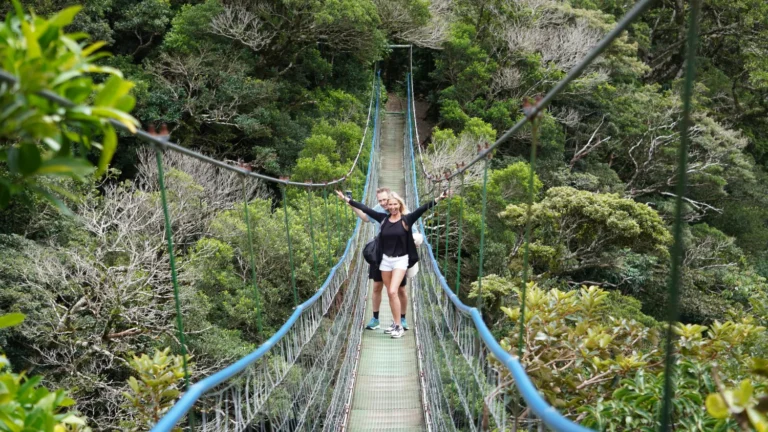 Couple on a blue hanging bridge in the forest on a hanging bridges waterfall tour, Guanacaste, Costa Rica