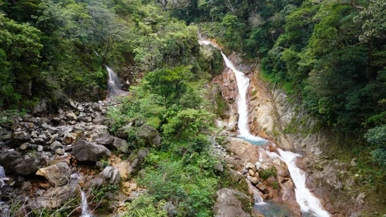 Multi-tier waterfall in a forest canyon on the slopes of Miravalles Volcano, waterfall tour, Guanacaste, Costa Rica