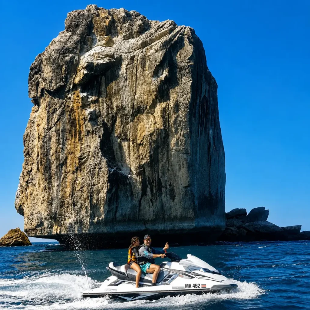 Couple on a jet ski beside a towering rock formation in the Gulf of Papagayo, Costa Rica