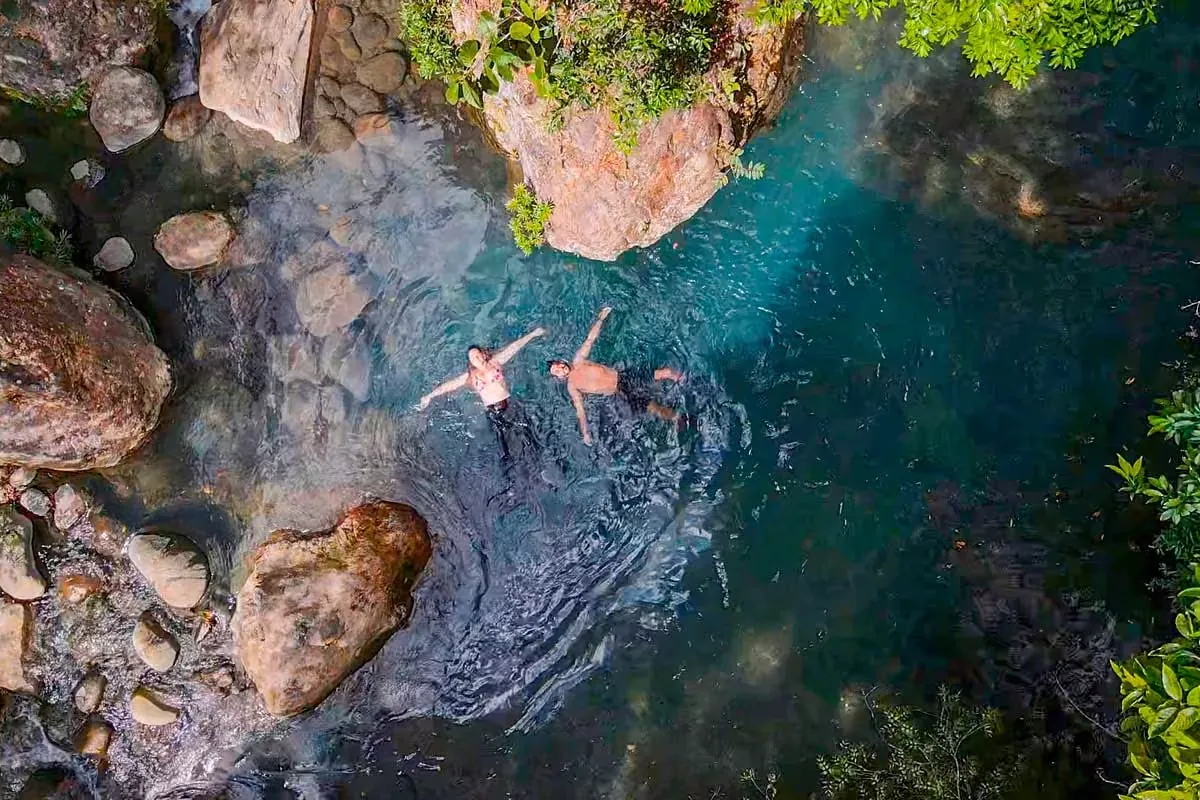 Aerial view of the La Leona waterfall pool in Guanacaste, Costa Rica