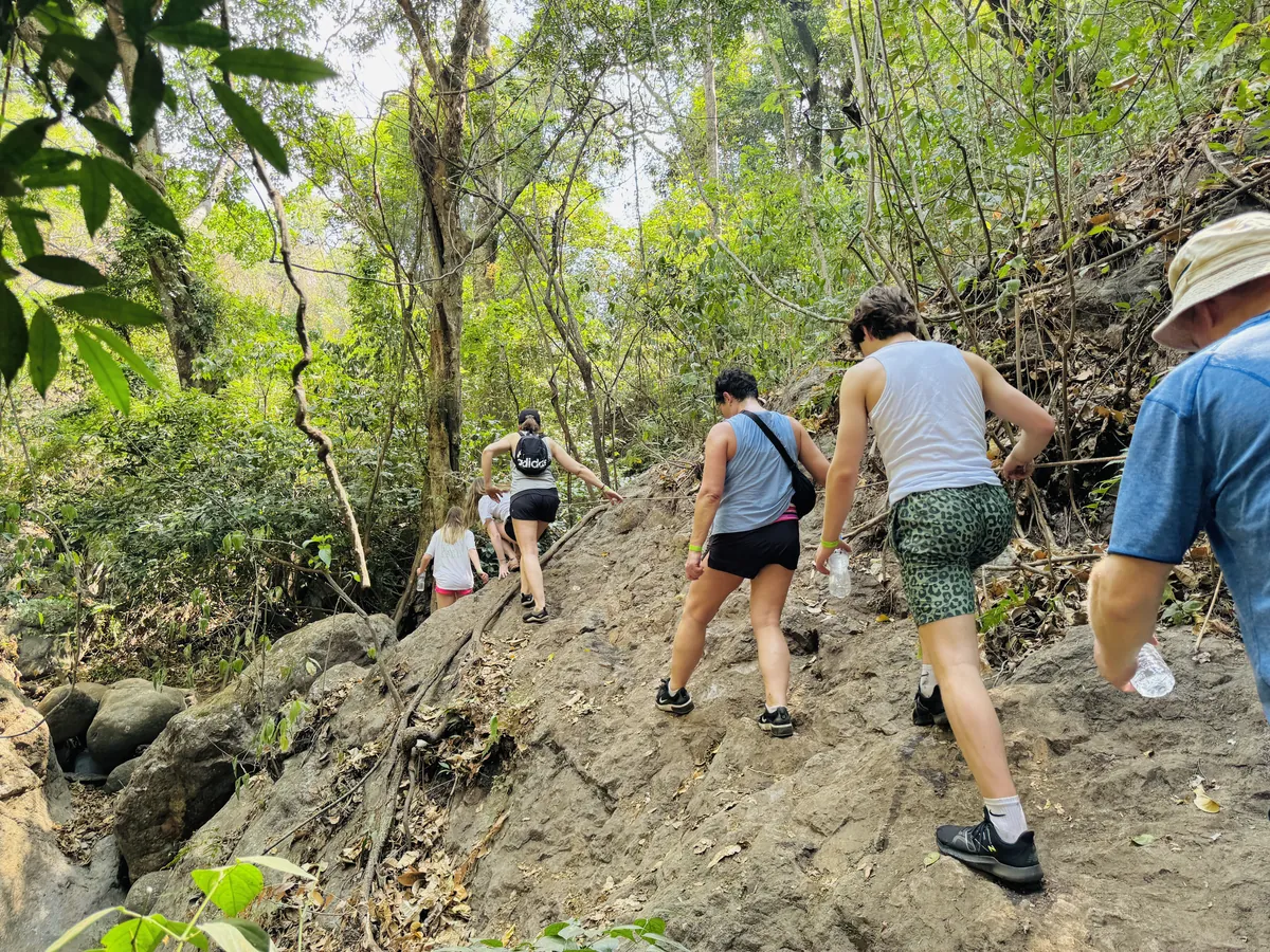 Group hiking the forest trail to La Leona waterfall on a Guanacaste tour, Costa Rica