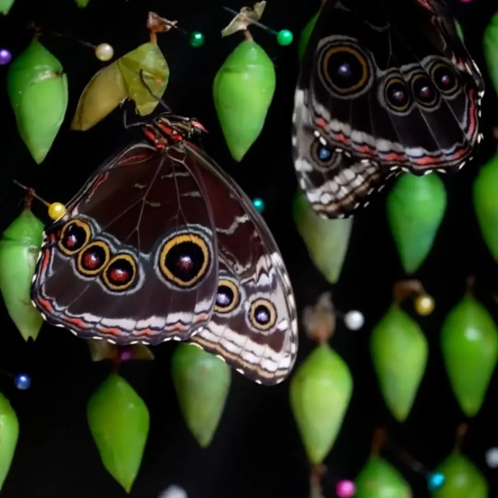 Owl butterflies beside rows of green chrysalises in the Monteverde butterfly garden