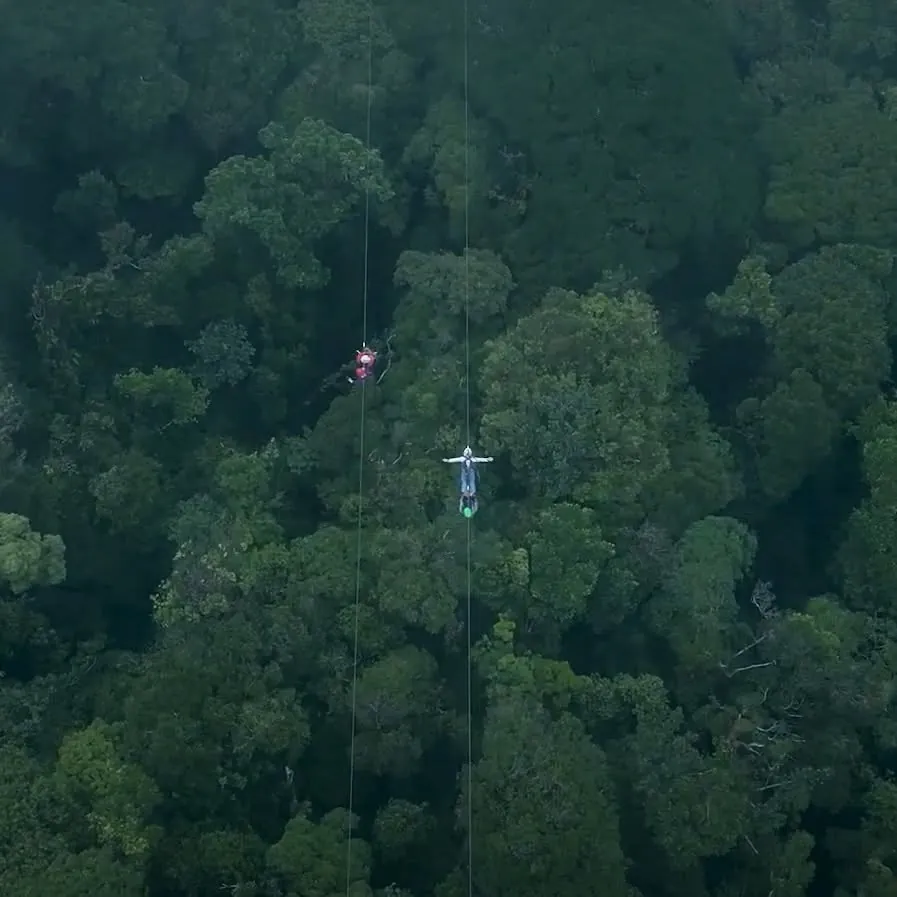 Aerial view of two visitors ziplining over the Monteverde cloud forest canopy