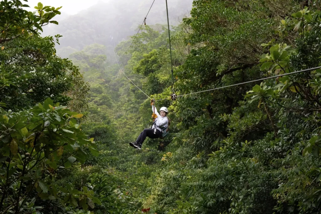 Scenic zipline platform overlooking the Monteverde cloud forest in Costa Rica