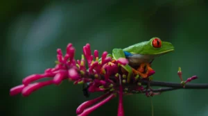 Red-eyed tree frog on a tropical flower in the Tenorio rainforest — Costa Rica rainforest combo tour