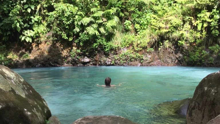 Swimmer in the turquoise pool of Río Celeste on a private blue river tour