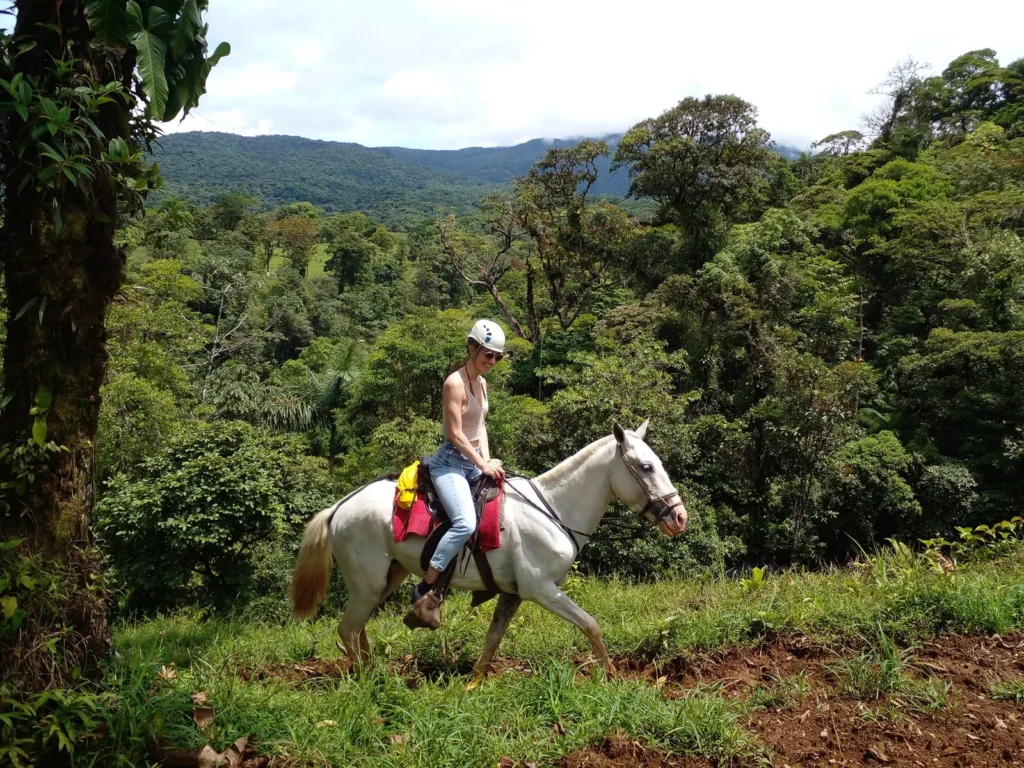Visitor on a white horse on a rainforest trail below the Tenorio massif near Bijagua, Costa Rica