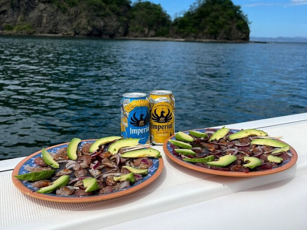 Fresh ceviche prepared on board a fishing charter, served on the gunwale with the Papagayo coastline behind, Costa Rica