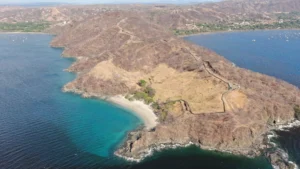 Aerial view of Guanacaste's Papagayo coast in the dry season, golden hills — Costa Rica tour region