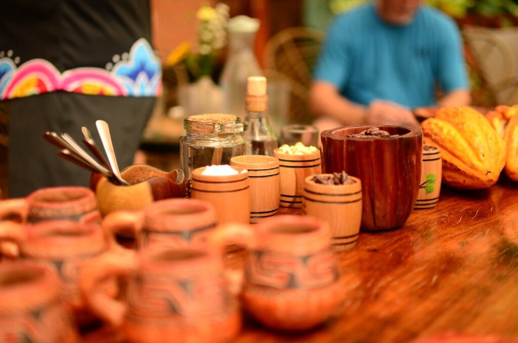Cacao beans and spices laid out for a chocolate workshop near La Fortuna, Costa Rica