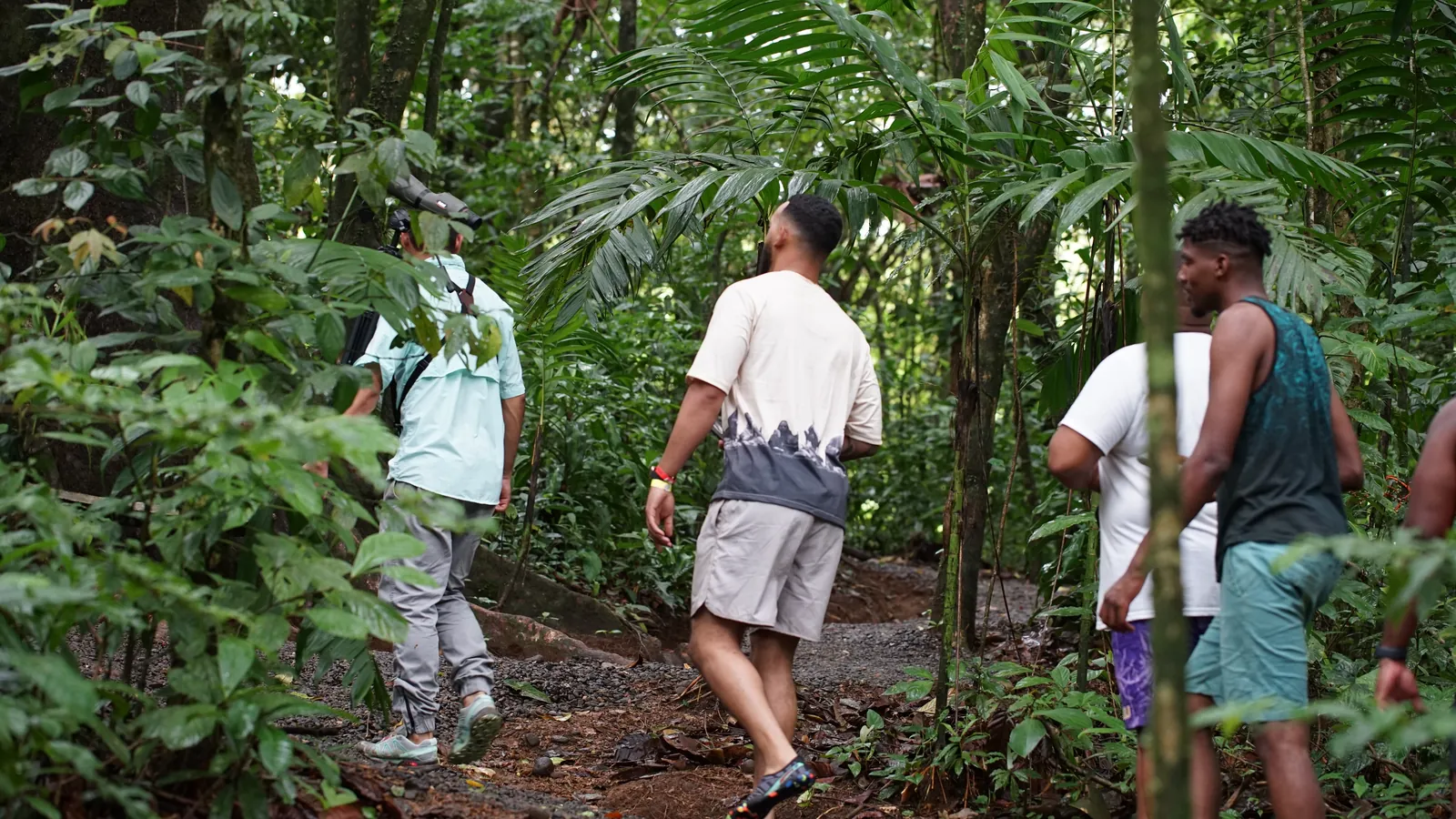 Naturalist-guided group walking a rainforest trail with a spotting scope in Costa Rica