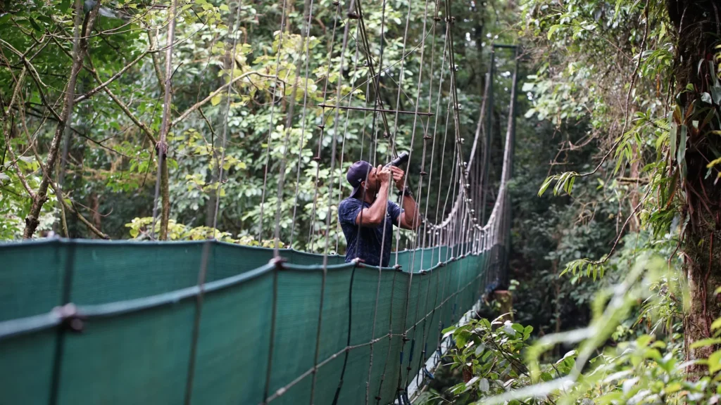 Miller Contreras photographing wildlife from a hanging bridge in the Tenorio rainforest, Costa Rica